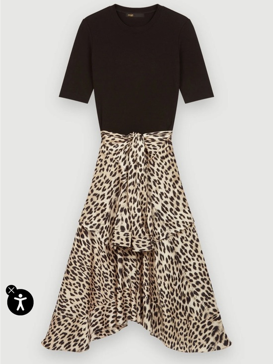 Maje Dresses & Skirts - Maje black cream cheetah print wrap tie two tone flowy dress size 42/XL